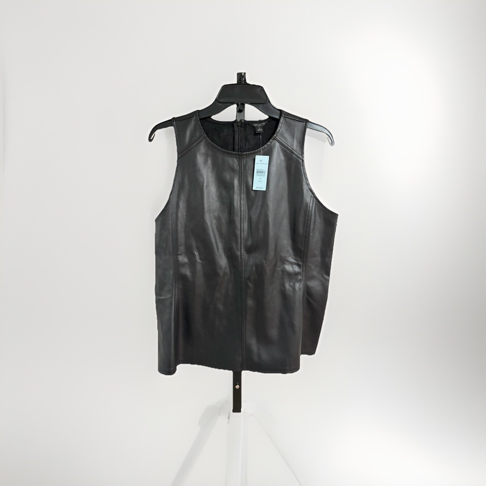 Ann Taylor Petite womens top vest imitation leather black MP NEW $79 C116